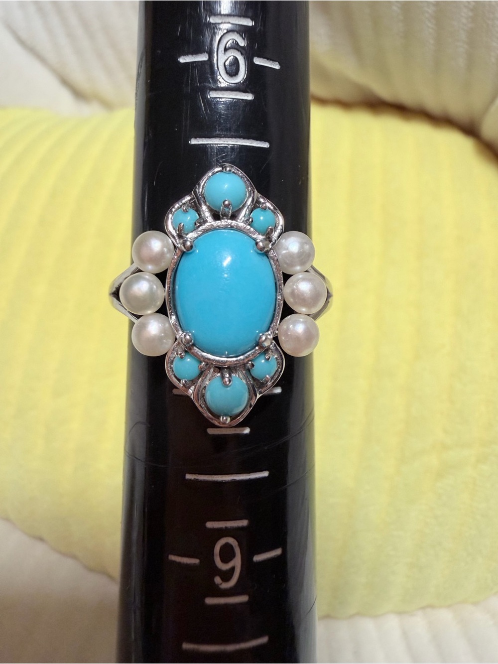 Turquoise and Pearl Cluster Ring in Silver Tone